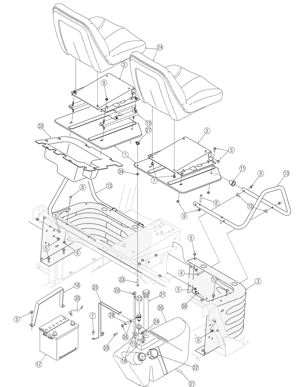 Seats Battery Fuel Tank Diagram and Parts List for 467 4X4-1B017G-Before-37ACD710 Cub Cadet Lawn Tractor Accessories